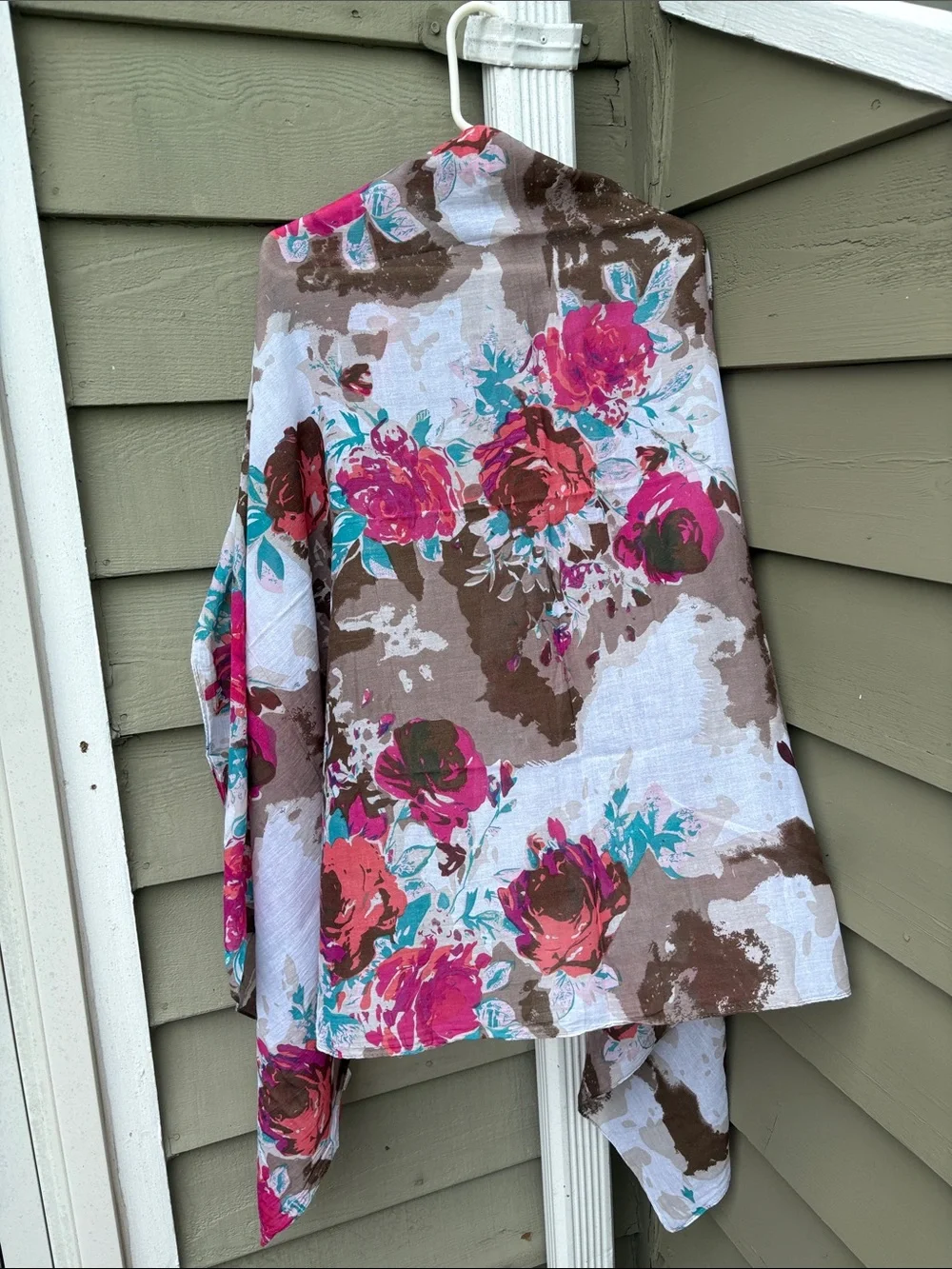 100% Cotton Floral Lightweight large Shawl/ Scarf in Brown, Pink & Teal